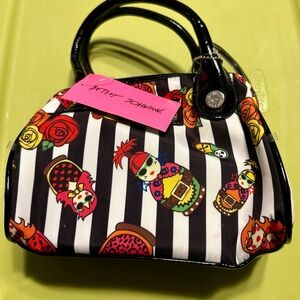 Betsey Johnson 2 Piece Striped Mini Bag with Colorful Doll Print and Make Up Bag